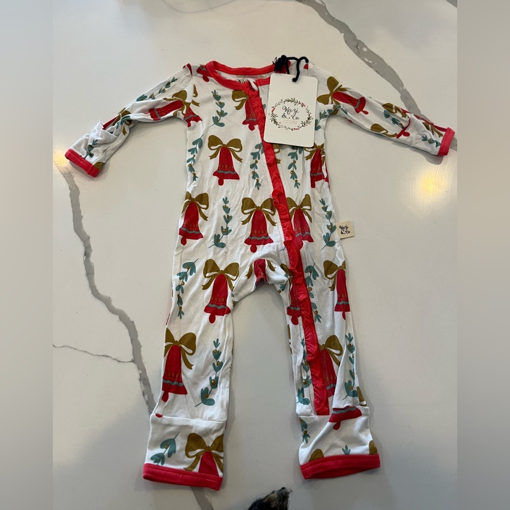 NWT Kozi & Co Bells & Mistletoe Ruffle Bamboo 6/12 months